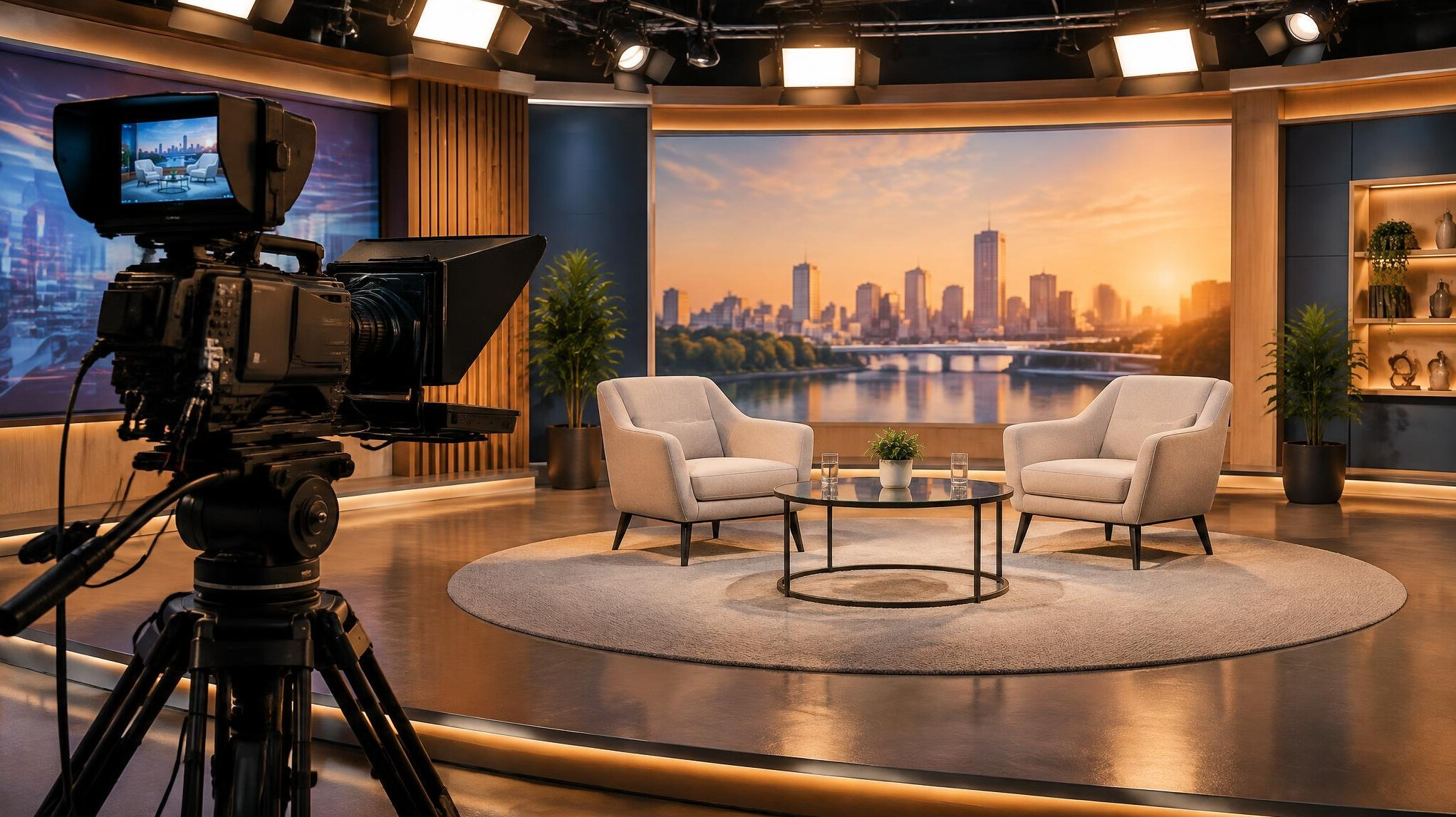 Television studio camera pointed at an empty set
